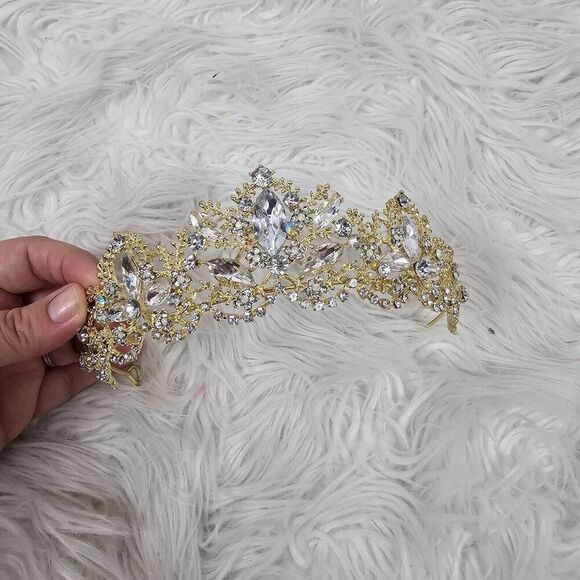 Gold Bridal Tiara Diamond Embellished Rhinestone Costume Headband Wedding Crown - Picture 2 of 6